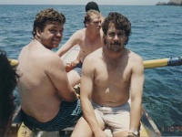 IDN Bali 1990OCT WRLFC WGT 071  Philthy, Bulldog, Fluxy & Manu preparing to snorkel. : 1990, 1990 World Grog Tour, Asia, Bali, Date, Indonesia, Month, October, Places, Rugby League, Sports, Wests Rugby League Football Club, Year